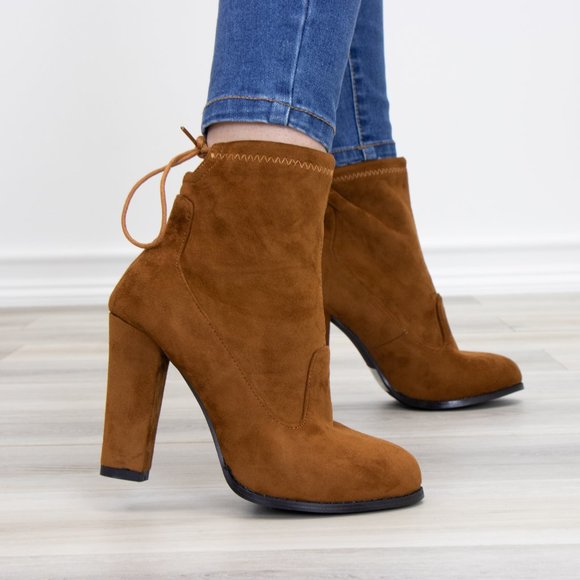 Round Toe Tan Suede Ankle Heeled Boots - Picture 4 of 8
